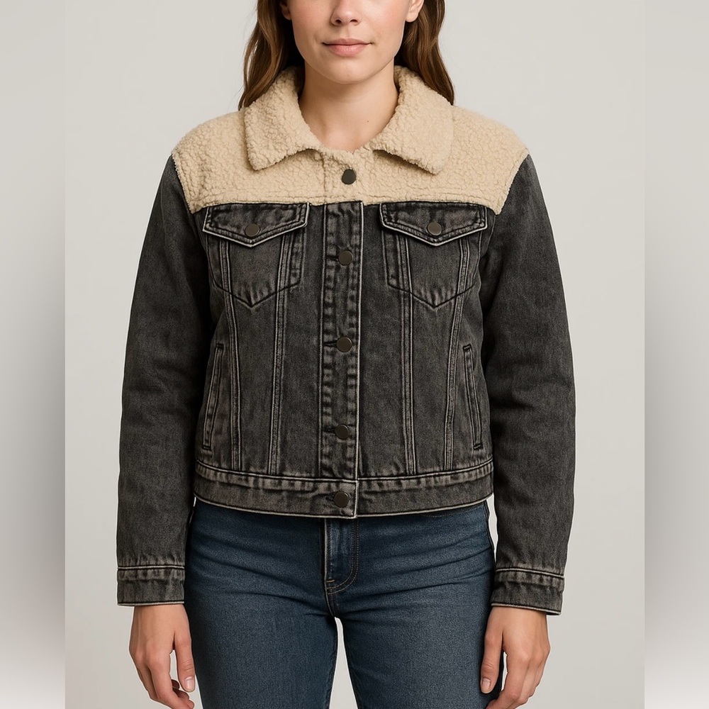 New Ava & Kris Cropped Denim & Shearling Jacket Size XS